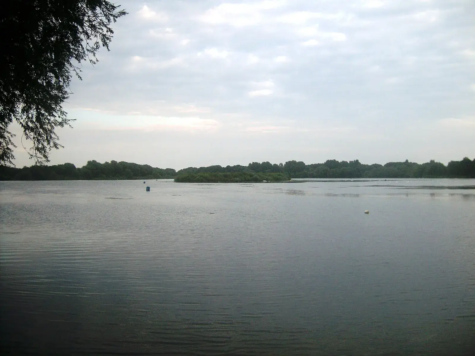 A wide, calm lake edged with trees at Priory Country Park